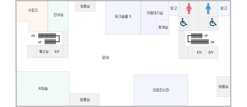 왼쪽 위에서부터 시계방향으로 수장고, 안내실, 방풍실, 워크숍룸3, 차량대기실(안에 휴게실), 창고, 여자화장실(안에 여자 장애인화장실), 남자화장실(안에 남자 장애인화장실), 창고, E/V, E/V, 방풍실, 의정전시관, 방풍실, 커피숍, 통신실, E/V가 있습니다.