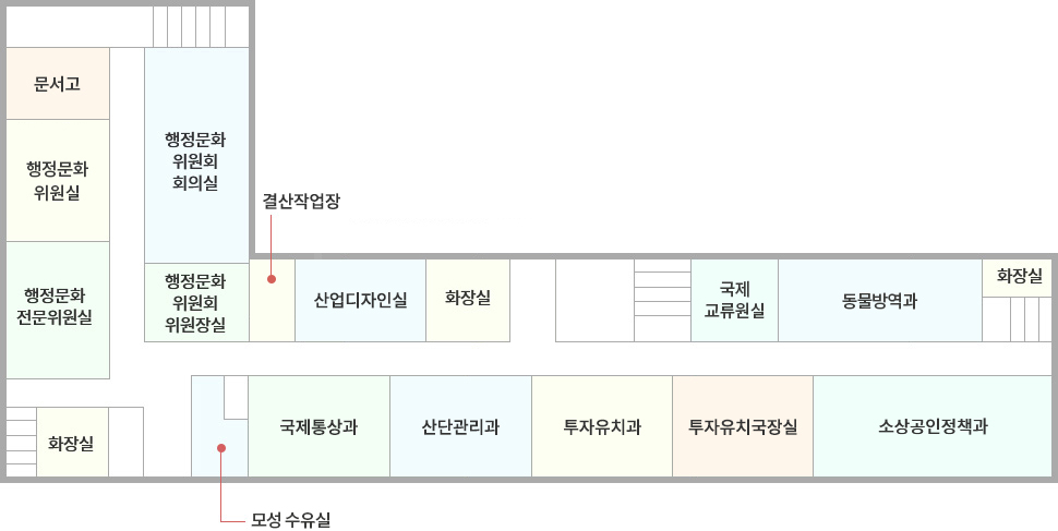 왼쪽 위에서부터 행정문화위원실, 행정문화위원회회의실, 행정문화전문위원실, 행정문화위원회위원장실, 결산작업장, 산업디자인스튜디오 406호, 산업디자인실 405호, 화장실, 소방행정과 404호, 이북5도 405호, 화장실, 화장실, 모성보호실(수유실), 국제통상과 401호, 투자유치과 402호, 전략사업과 403호가 있습니다.